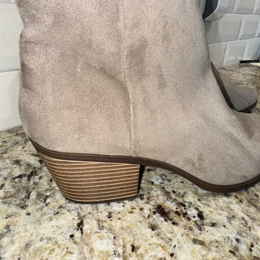 BP Wallis Western Boots Womens 12 Greige Fabric Ankle Stacked Heel Taupe Almond - Picture 2 of 13